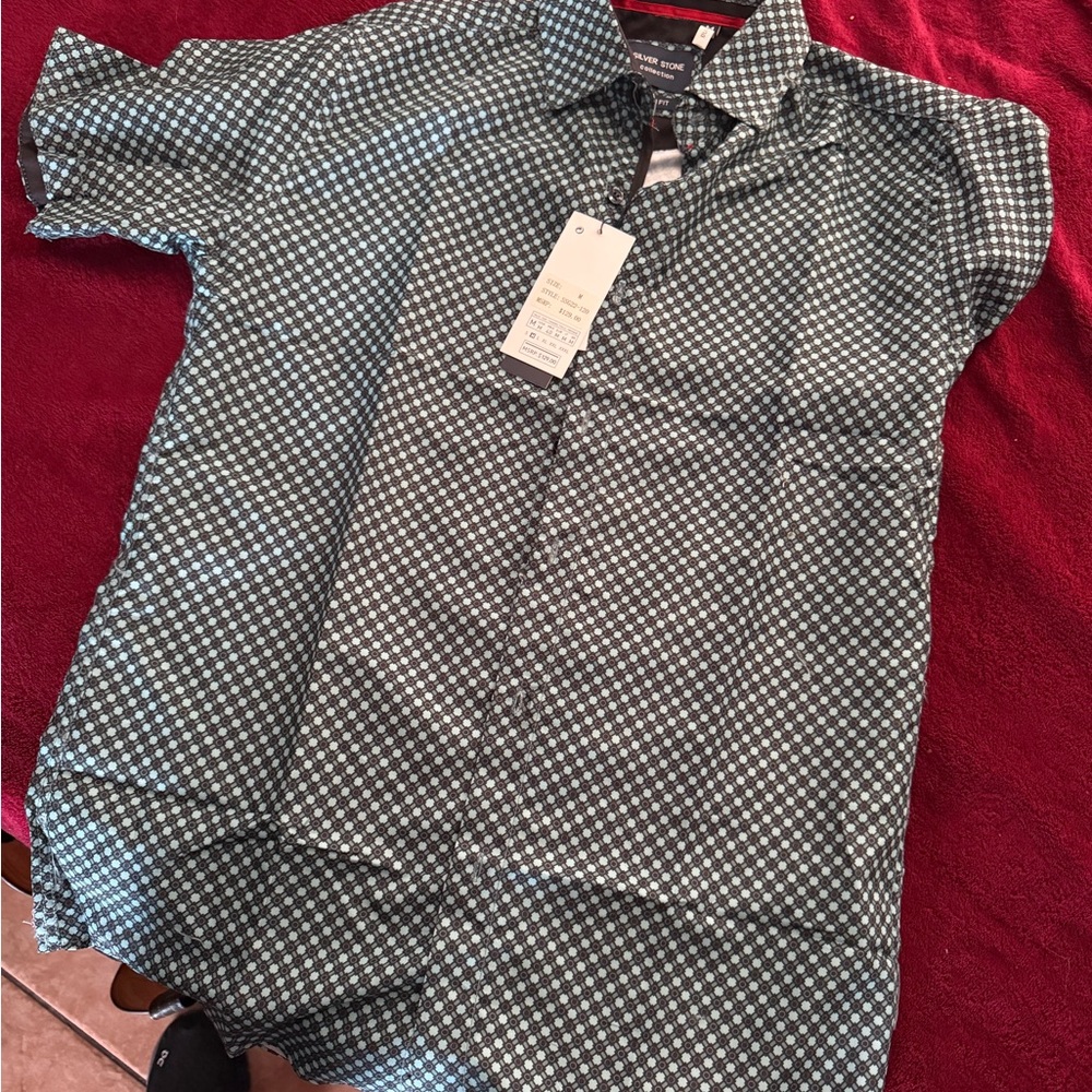 Short-Sleeve Geometric Button-Down Shirt - Blue/White
